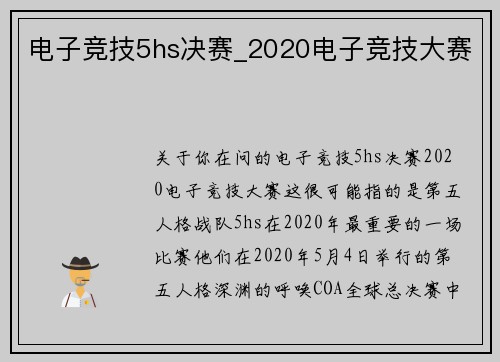 电子竞技5hs决赛_2020电子竞技大赛